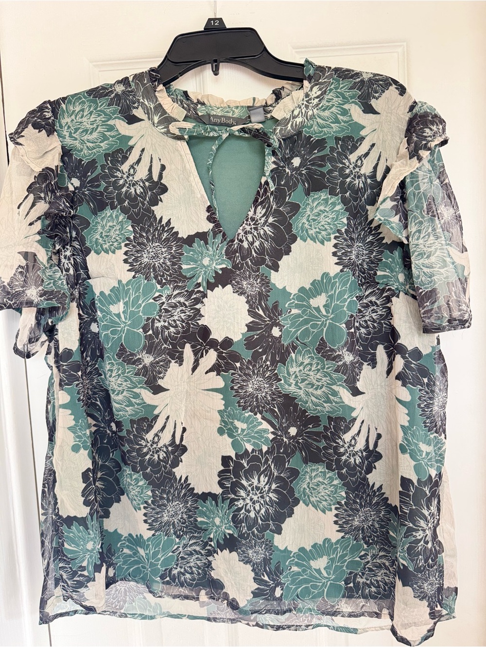 AnyBody Teal and Black Floral Keyhole Top
